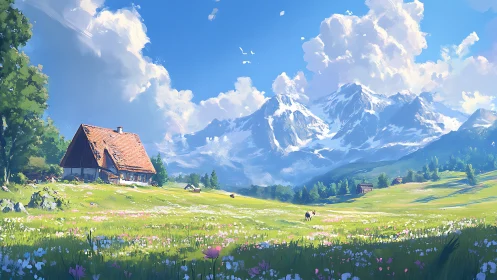 Pastoral alpine meadow with cottage under bright sky.