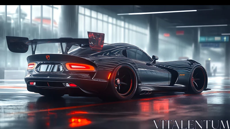 Sleek black supercar idles under neon-lit garage glow.