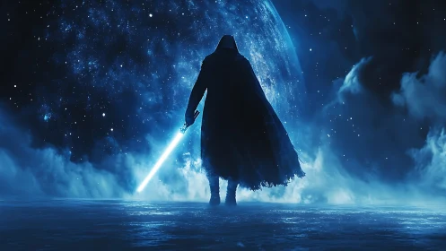 Silhouette of lone swordsman against large red sun.