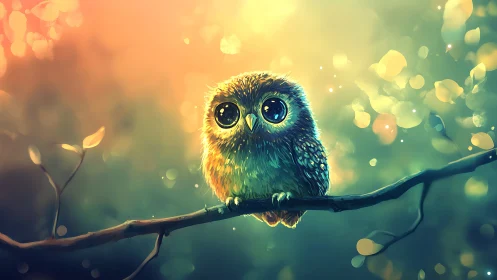 Adorable baby owl on branch in dreamy, colorful digital art style.
