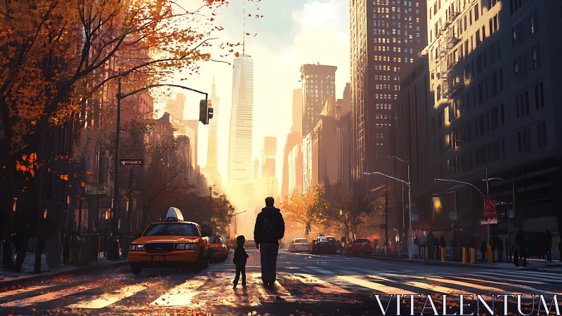 Autumn city street with backlit father and child crossing.