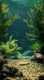 Submerged gravel corridor framed by dense freshwater foliage.