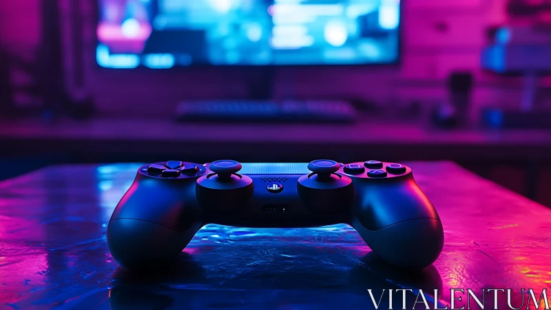 Game controller rests in neon glow of immersive setup