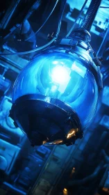 Futuristic blue energy core suspended in industrial frame.