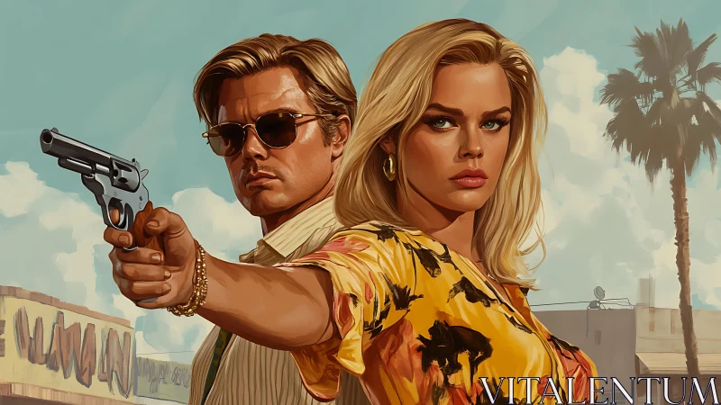 Retro stylized duo with revolver in sunlit urban skyline.