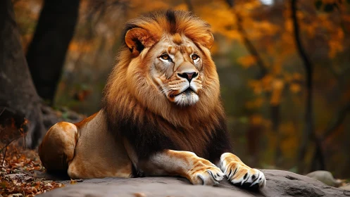 Male lion resting on rock in sharp autumn forest light.
