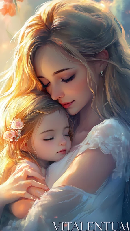 Mother and Child Embrace in Golden Sunlight.