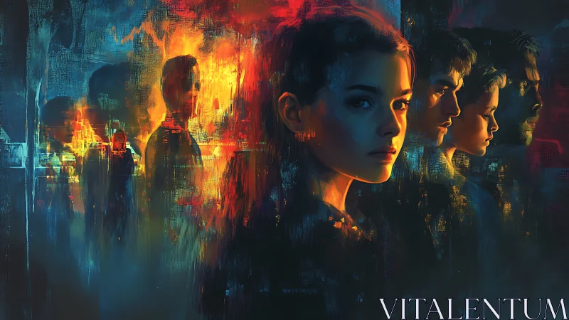 Digital portrait sequence shows faces against abstract fire