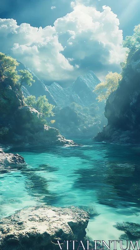 Turquoise canyon river under luminous storm-built clouds.