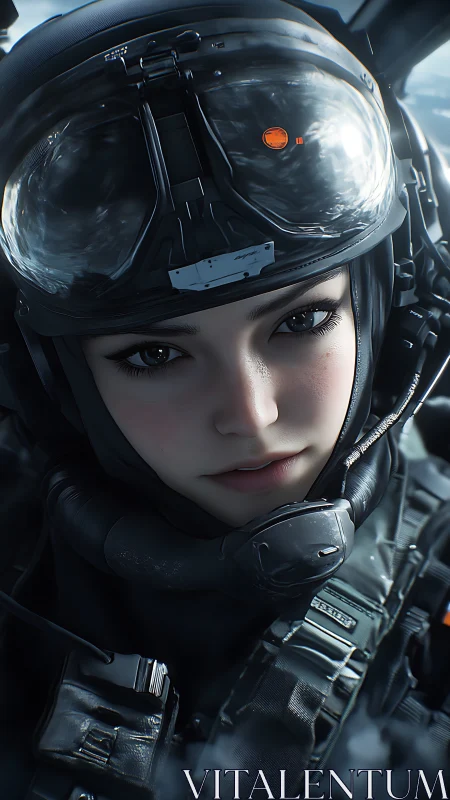 Futuristic female pilot stares ahead in reflective cockpit.