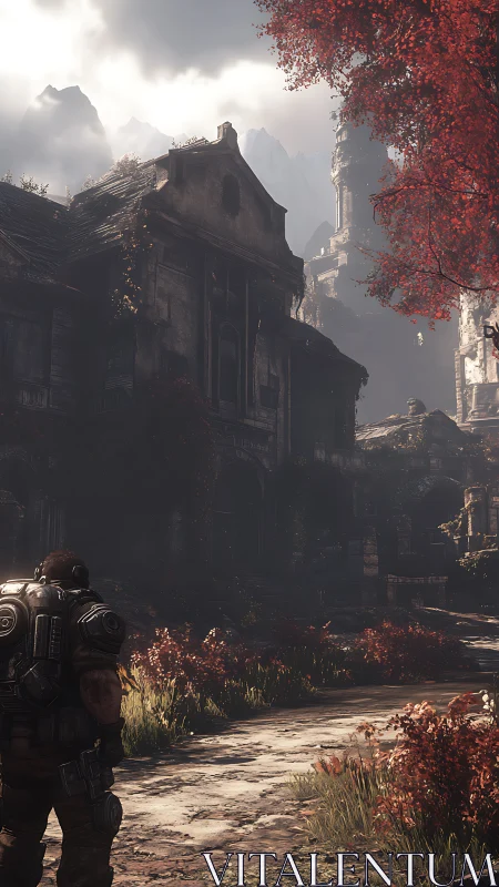 Armored soldier surveys decayed neoclassical ruins under diffused backlight