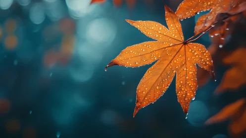 Luminous maple leaf with raindrops against teal bokeh sky.