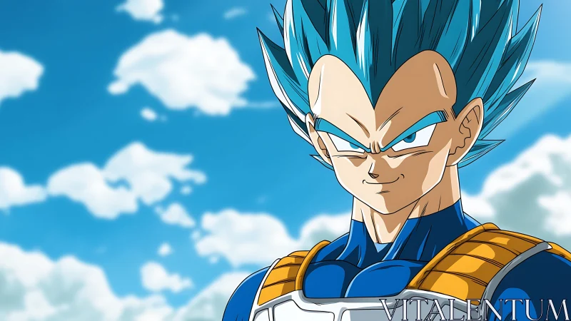 Saiyan warrior in blue armor under bright summer sky.