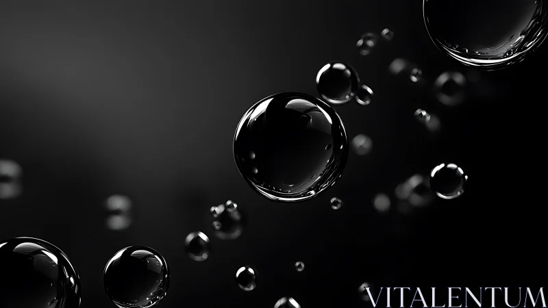 Glossy black spheres drift across a deep shadowed void.