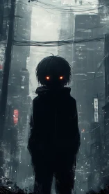 Dark city alley silhouette with glowing red eyes figure.