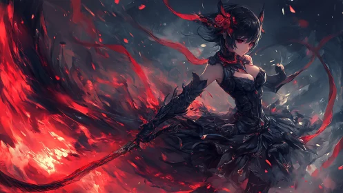 Dark anime warrior girl with red energy and flowing dress.