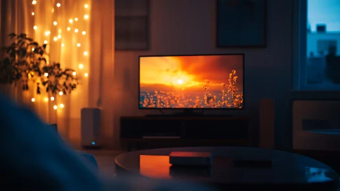 Warm living room glows around sunset scene on modern TV