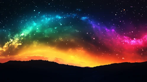 Silhouetted hills beneath multicolored galactic night sky.