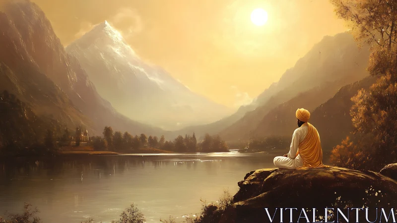 Solitary monk meditating beside golden mountain lake at dawn.