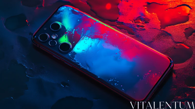 Wet smartphone on neon surface with vivid reflections.