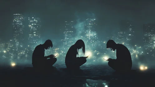 Silhouetted youths glow under phones in foggy neon city