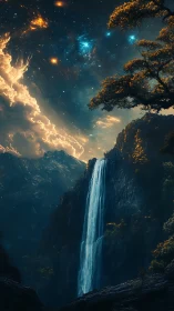 Spectral nightfall waterfall under nebular starfield sky
