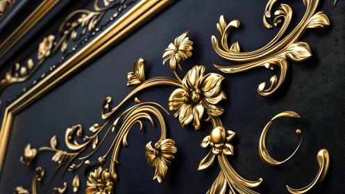 Luxurious Golden Floral Ornament on Black Background, Baroque Style.