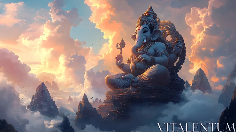 Elephant-headed deity sits above luminous cloud mountains.
