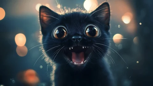 Bright eyed black kitten sharing a wide open joyful smile.
