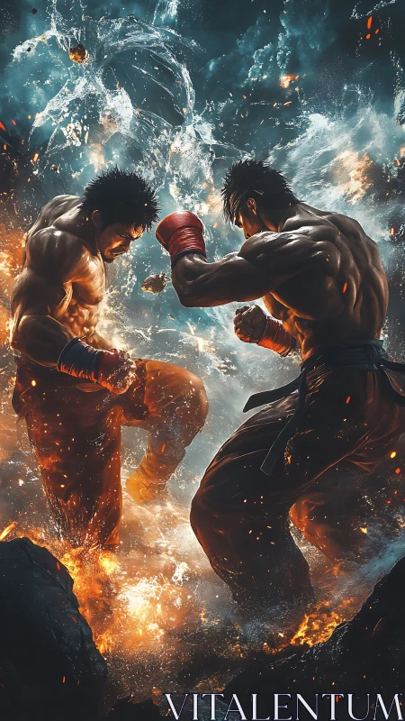 Fiery Combat: Two Martial Artists Clashing with Explosive Energy.