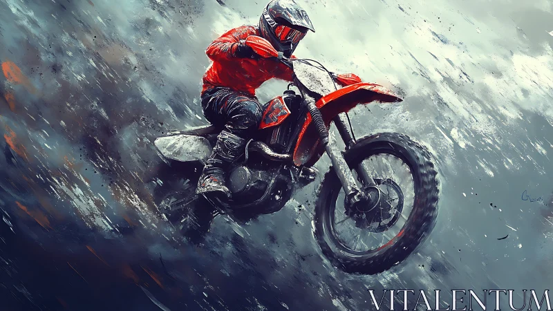 Motocross rider on red dirt bike in dynamic rain scene.