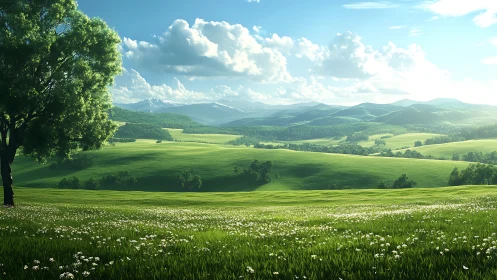 Sunlit green valley of rolling hills and gentle wildflowers.