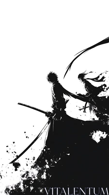 Silhouetted samurai stride through swirling ink shadows.