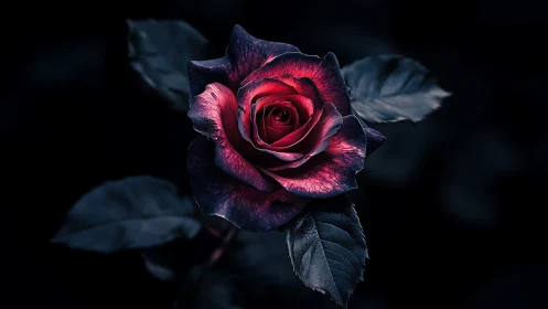 Dark red rose blooming against black background