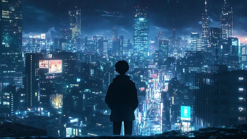Solitary figure studies neon city skyline in midnight rain