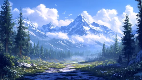 Snow-crowned giants watch over a dawnlit evergreen valley.