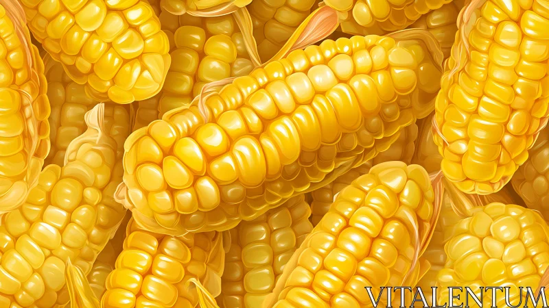 Hyperreal glossy corn cobs with layered golden kernels.