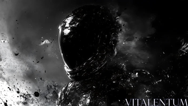 Dark astronaut figure emerging in drifting space debris.