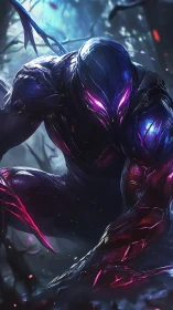 Armored alien creature crouches in glowing forest scene