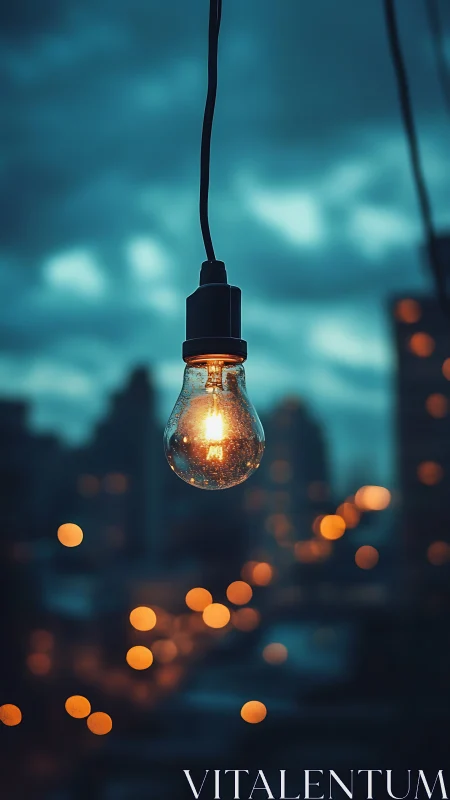 Gentle city light bulb glowing softly against dusk skies.