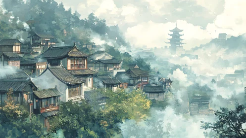 Misty hillside village frames distant mountain pagoda.
