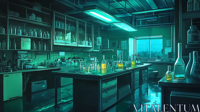 Neon teal chemistry lab interior with luminous glassware.