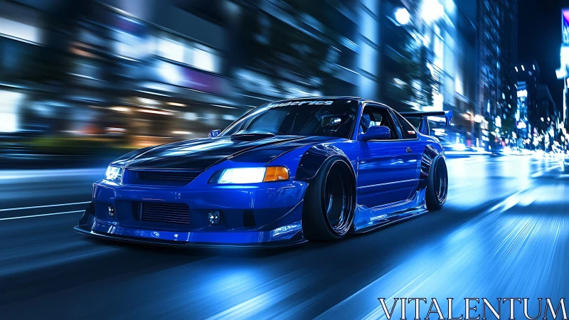 Blue street racer cuts through neon city lights at high speed