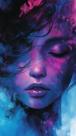 Digital close-up portrait with neon blue and magenta tones.