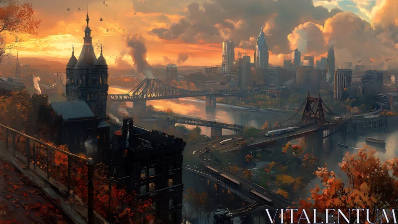 Autumn city skyline glows over river bridges at sunset