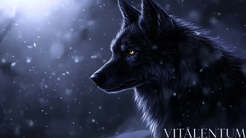 Midnight wolf sentinel bathed in hush of drifting snow.