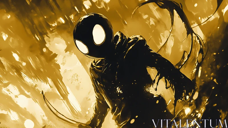 Hooded shadow hero stalks molten golden underworld.