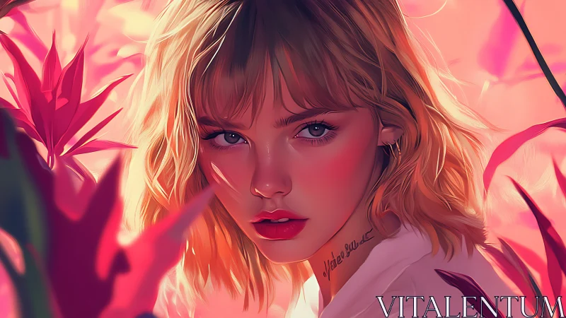 Blonde portrait glows inside surreal pink tropical light.