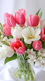 Pink and White Tulip Arrangement in Glass Vase.