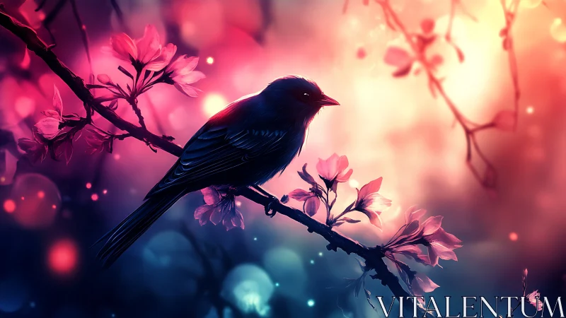 Silhouetted songbird on blossom branch in vivid bokeh light.